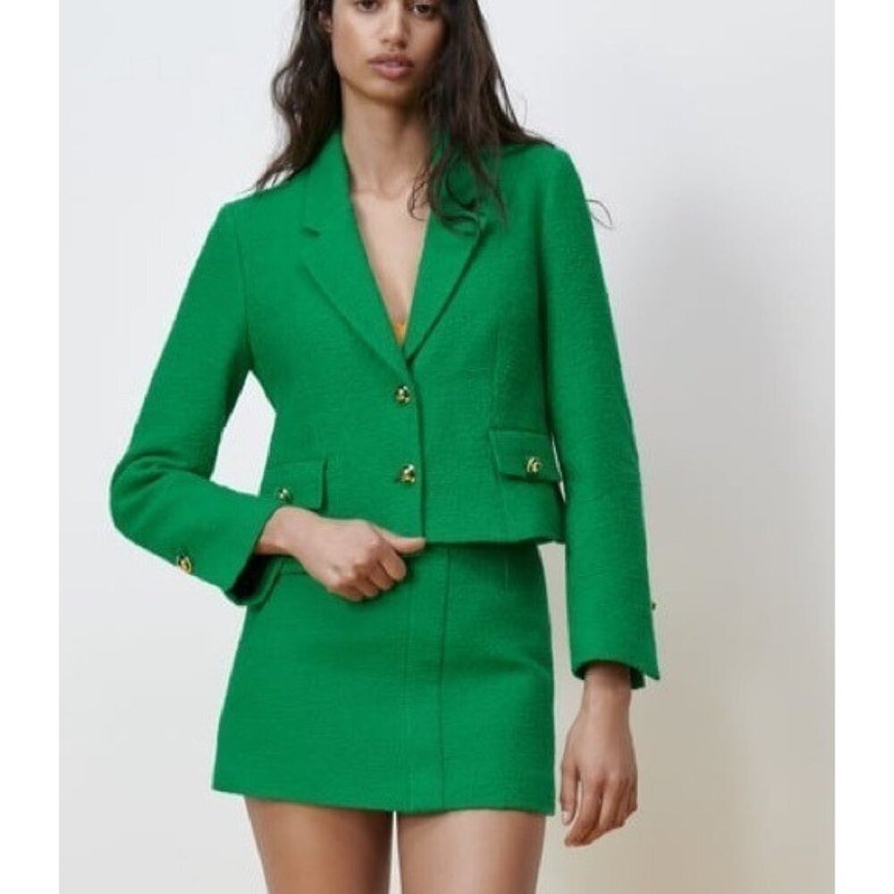 ZARA Green Textured Tweed Gold Button Cropped Jacket Blazer - Picture 3 of 12